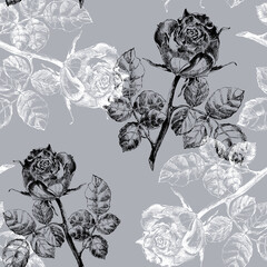Seamless pattern with monochrome roses on gray background.
