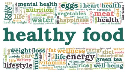 Fototapeta premium Healthy food vector illustration word cloud isolated on a white background.