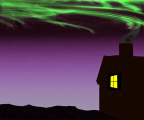 Aurora Borealis the Northern Lights with a cabin over a valley