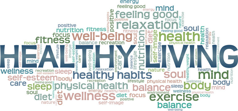 Healthy living vector illustration word cloud isolated on a white background.