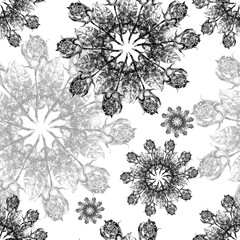 Seamless pattern with different graphic snowflake on white background.