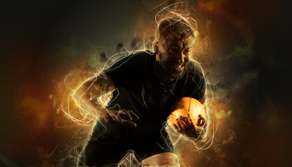 Rugby football player. Sports banner