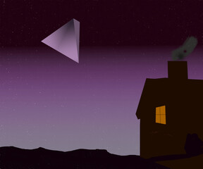 Cabin in the wilderness at night with a UFO or UAP