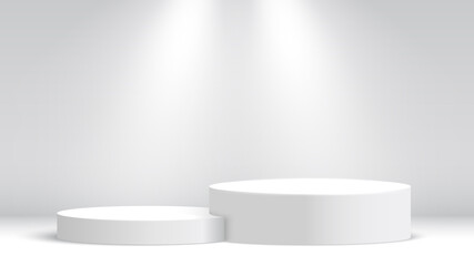White exhibition stand. Podium and spotlights. Stage for awards ceremony. Pedestal. Vector illustration.