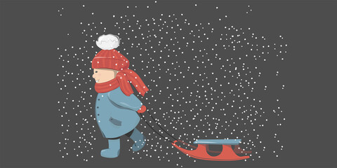 Child or boy in a coat, hat and scarf pulls a sled.