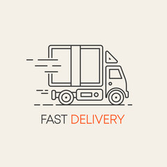 Flat line illustration with delivery ship, airplane and car for web design. Food delivery service. Vector illustration.