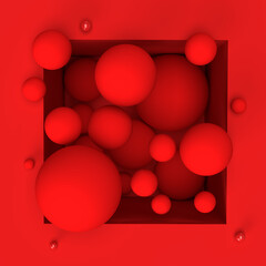 Red Box With many Balls big and small in Box On Background 3d rendering.