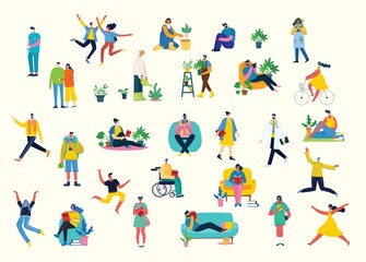 Vector illustration background in flat design of group people doing different activity