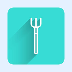 White line Garden pitchfork icon isolated with long shadow. Garden fork sign. Tool for horticulture, agriculture, farming. Green square button. Vector.