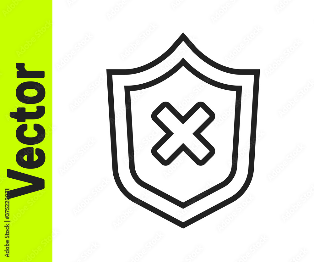 Poster black line shield with cross mark icon isolated on white background. shield and rejected. notice of 