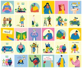 Fototapeta premium Take a break collage illustration. People have rest and drink coffee, use tablet on chair and sofa. Flat vector style.