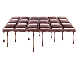 Drops dripping from melted chocolate bar on white background