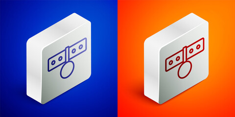 Isometric line Collar with name tag icon isolated on blue and orange background. Simple supplies for domestic animal. Cat and dog care. Pet chains. Silver square button. Vector.