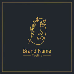 Female face made of leaf golden feminine logo design template