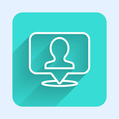 White line Map marker with a silhouette of a person icon isolated with long shadow. GPS location symbol. Green square button. Vector.