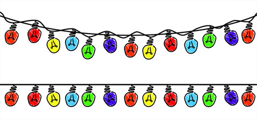 Dangle string lights vector. Colored bulb, bright string lights signs. Festive holiday decoration garland glowing light bulbs for the street home party lights. Think big Ideas. Christmas  (xmas)