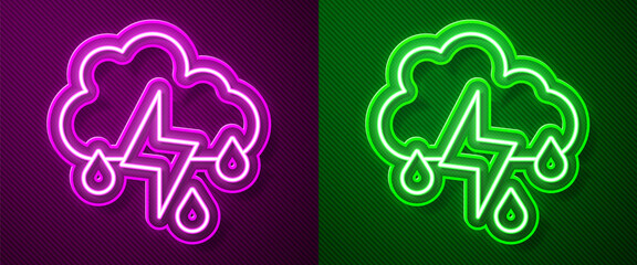 Obraz premium Glowing neon line Cloud with rain and lightning icon isolated on purple and green background. Rain cloud precipitation with rain drops.Weather icon of storm. Vector.