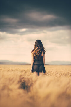 Portrait of a brunette woman with transparent pajamas posing in a cereal field at sunset