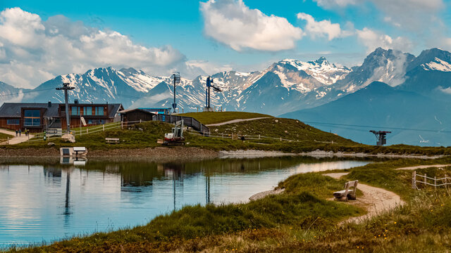 Beautiful alpine summer view with reflections in a lake at the famous Penken summit, Mayrhofen, Tyrol, Austria