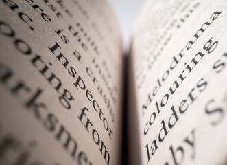 Macro image of words on pages of a book