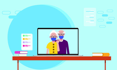 International day of the older person after quarantine. Card template with cute grandma and grandpa in masks. Vector illustration for web, greeting card, invitation, banner, print, social media post.