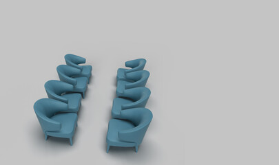 3d render of four set of cyan single armchair sofa arranged facing each other in solid grey background with space for text.meeting concept