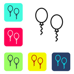 Black line Balloons with ribbons icon isolated on white background. Set icons in color square buttons. Vector.