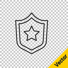 Black line Police badge icon isolated on transparent background. Sheriff badge sign. Shield with star symbol. Vector.