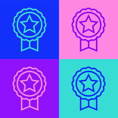 Pop art line Medal with star icon isolated on color background. Winner achievement sign. Award medal. Vector.