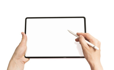 Digital tablet with pen in woman hands on white isolated background. - obrazy, fototapety, plakaty