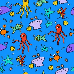 Fototapeta na wymiar seamless pattern with sea animal isolated on blue background. hand drawn vector. seamless pattern for kids, fabric, wallpaper, wrapping paper and gift. colorful doodle art. cartoon style. sketching. 