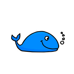vector illustration of blue whale isolated on white background. cartoon style. modern scribble for kids, logo, sticker, clip art. simple sketch, drawn with pen. hand drawn vector. doodle art. 