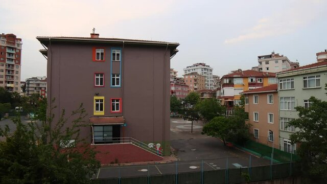 Day to night hyperlapse Empty School building. Education suspended due to coronavirus. Time to back to school. Millions under coronavirus lockdown as major cities restrict daily life. Coronavirus tota