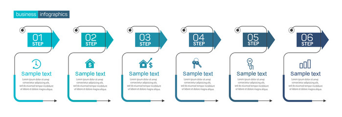 Vector business infographics design template with 6 options, steps or processes. Data visualization