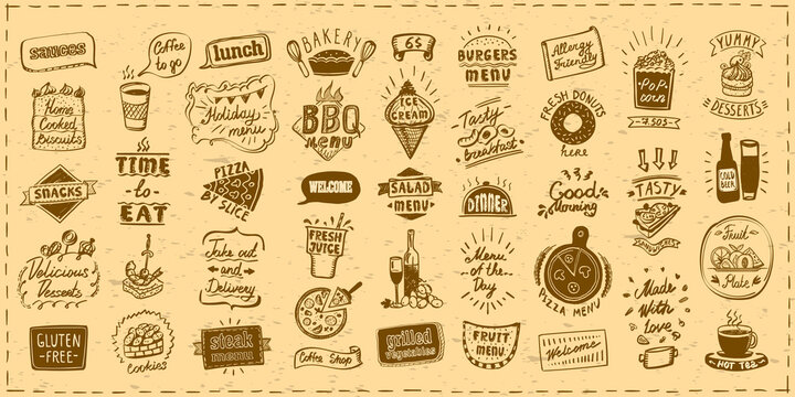 Menu set with symbols, signs and elements vector hand drawn graphic designs