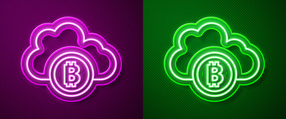 Glowing neon line Cryptocurrency cloud mining icon isolated on purple and green background. Blockchain technology, bitcoin, digital money market, cryptocoin wallet. Vector.