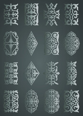 Set of 16 islamic silver ornaments on black background in vector. Circular ornamental arabic symbols. Abstract Asian elements of the national pattern of the ancient nomads of the Kazakhs, Tatars.