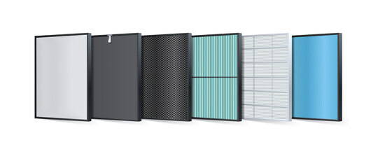 Multi-layer air filter consists of multiple filter layers. Aluminum filter, Coarse fibers, carbon layers, protecting against PM2.5, HEPA filter, fabric layers, air purification layer, ionizer. Vector - obrazy, fototapety, plakaty