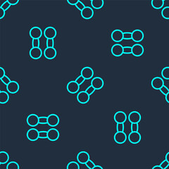 Green line Dumbbell icon isolated seamless pattern on blue background. Muscle lifting icon, fitness barbell, gym, sports equipment, exercise bumbbell. Vector.