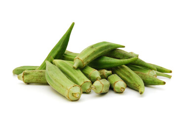 Fresh raw okra isolated on white background, horizontal with copy space