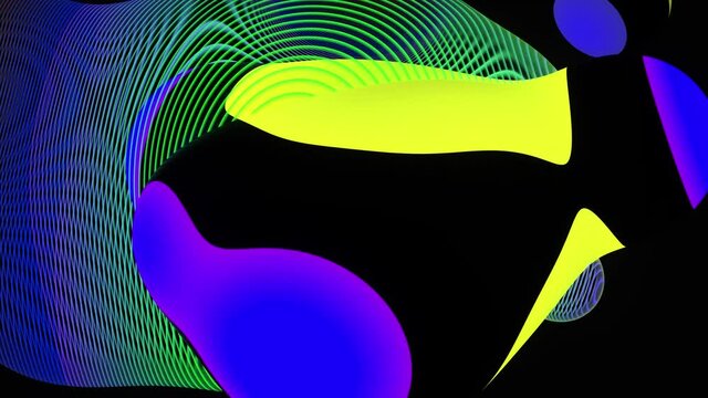 3d render with abstract art surreal alien substance based on deformed meta balls or spheres with parallel black lines pattern with purple yellow and green gradient neon light parts on black