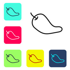 Black line Hot chili pepper pod icon isolated on white background. Design for grocery, culinary products, seasoning and spice package, cooking book. Set icons in color square buttons. Vector.