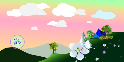 The drawing picture of beautiful morning during the camping day with wonderful flower bouquet and butterfly in the air. A tent on the mountain cliff scenery for background. For nature tourism banner.