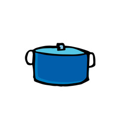 Saucepan on a white background. Hand drawn vector. Simple sketch, drawn with pen isolated on white background. Colorful doodle art. Carton style. Modern scribble for kids, logo, sticker, clipart. 