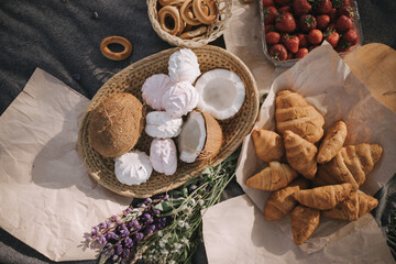 Picnic in the park with sweets and fruits
