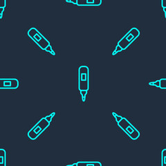 Green line Marker pen icon isolated seamless pattern on blue background. Felt-tip pen. Vector.
