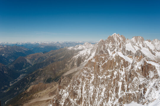 Mountains covered in snow at the Mont Blanc Massif in the French Alps