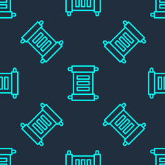 Green line Decree, paper, parchment, scroll icon icon isolated seamless pattern on blue background. Vector.