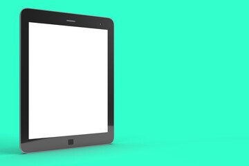 3d render of a tablet with a white blank screen mockup with black rim in a solid cyan background with space for text