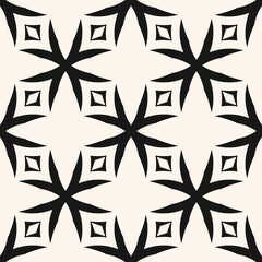 Simple monochrome vector seamless pattern. Black and white geometric ornament texture with crosses, flower silhouettes. Gothic style background. Repeat tileable design for decor, wallpapers, textile